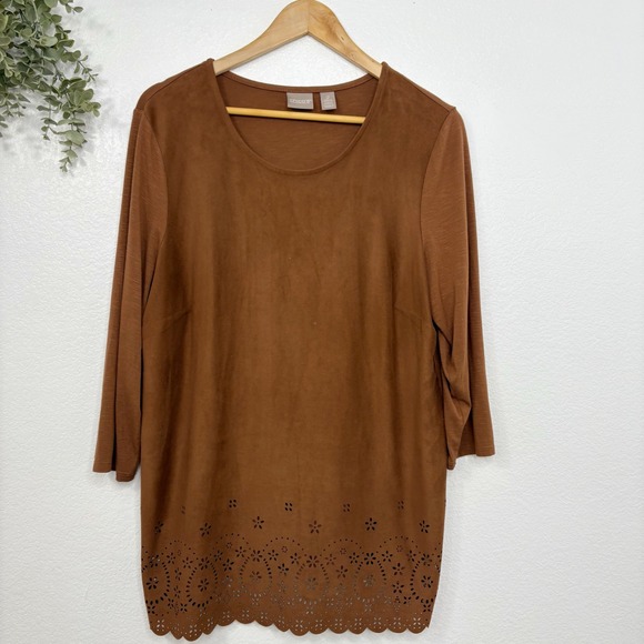Chico's Tops - Chicos Brown Faux Suede Laser Cut Hem‎ 3/4 Sleeve Top Blouse Size Large
